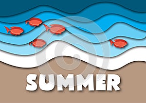 Summer banner template in A4 format, with sea or ocean waves,tropical sand beach, red fish and text
