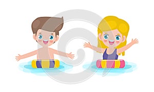 Summer banner template of Cute ids in swimming nd rubber ring in the pool. children cartoon floating on inflatable in summer time