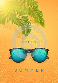 Summer banner with text Hello Summer, sunglass and palm branch Happy bright concept in yellow background. Vector Stock