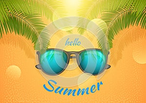 Summer banner with text Hello Summer, sunglass and palm branch Happy bright concept in yellow background. Vector Stock photo