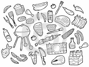 Summer barbecue backyard party doodle set. Various meals, drinks, ingredients and decoration elements. Vector illustration