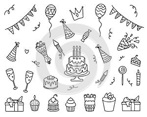 birthday doodle vector. Set of birthday party elements with cute black line design. Vector illustration Doodle birthday