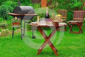 Summer Barbecue Family Party Scene With Grill On Backyard Gard