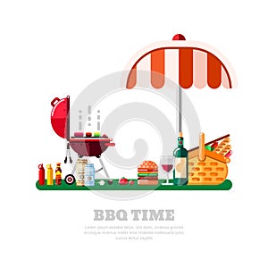Summer barbecue picnic, vector flat isolated illustration. BBQ grill, umbrella, table with food and wine on green lawn