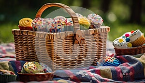Summer basket of gourmet sweets for autumn indulgence generated by AI