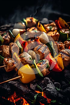 Summer BBQ with colorful chicken kebabs skewers.