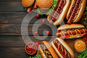 Summer BBQ food table scene with a dark wood background showing a top view of hot dogs and hamburgers buffet