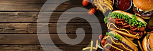 Summer BBQ food table scene with a dark wood background showing a top view of hot dogs and hamburgers buffet