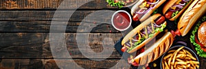 Summer BBQ food table scene with a dark wood background showing a top view of hot dogs and hamburgers buffet