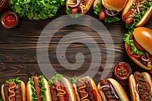 Summer BBQ food table scene with a dark wood background showing a top view of hot dogs and hamburgers buffet