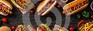 Summer BBQ food table scene with a dark wood background showing a top view of hot dogs and hamburgers buffet