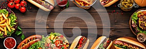 Summer BBQ food table scene with a dark wood background showing a top view of hot dogs and hamburgers buffet