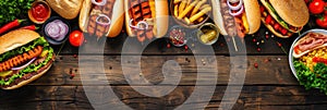 Summer BBQ food table scene with a dark wood background showing a top view of hot dogs and hamburgers buffet