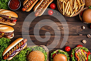 Summer BBQ food table scene with a dark wood background showing a top view of hot dogs and hamburgers buffet