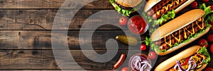 Summer BBQ food table scene with a dark wood background showing a top view of hot dogs and hamburgers buffet