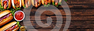 Summer BBQ food table scene with a dark wood background showing a top view of hot dogs and hamburgers buffet