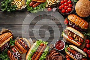 Summer BBQ food table scene with a dark wood background showing a top view of hot dogs and hamburgers buffet