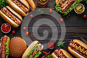 Summer BBQ food table scene with a dark wood background showing a top view of hot dogs and hamburgers buffet