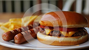 Summer BBQ food table scene with hot dog and hamburger buffet.