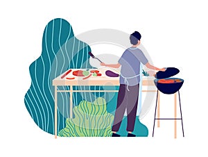 Summer BBQ. Man fried meat on nature. Summertime picnic, man cooking fresh food vector illustration