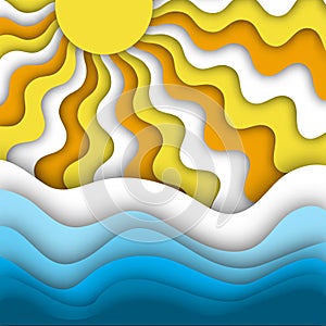 Summer beach abstract background with bright and shiny sun rays and sea or ocean waves.