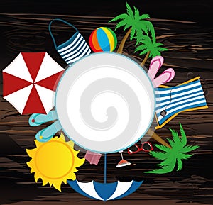 Summer beach accessories. Banner design with white circle for te