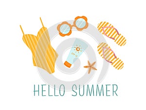 Summer beach accessories with hello summer phrase