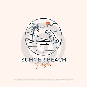 Summer Beach Adventure logo design with line art simple vector minimalist illustration template, travel logo designs