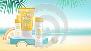 Summer beach background with 3d stage and set of sunscreens. Colorful summer scene.