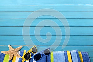 Summer beach background border sunglasses copy space