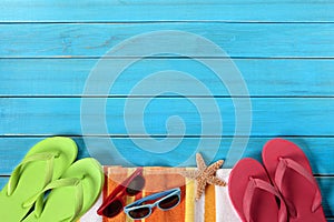 Summer beach background border, sunglasses, flip flops, copy space