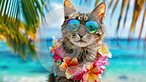 Summer beach background, A cat with hawaiian costume tropical palm and beach background