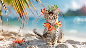 Summer beach background, A cat with hawaiian costume tropical palm and beach background