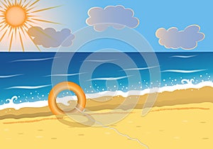 Summer beach background with lifebuoy on sea sand