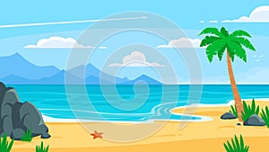 Summer beach background. Sandy seashore, sea coast with palm tree and vocation seaside travel vector cartoon backdrop illustration