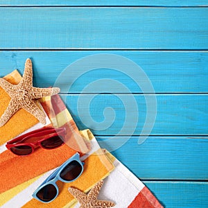 Summer beach background scene blue wood decking