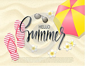 Summer beach background with tropical flowers, umbrella, sunglasses and flip flops on sand . Vector illustration.