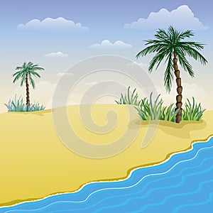 Summer beach background. tropical sea and sandy shore with palms. cartoon style illustration of seaside at sunset, waves