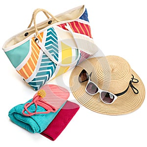 Summer Beach Bag Cap Elements Isolated on White Background