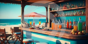 Summer beach bar with cocktails and snacks against the background of the open sea Generative AI