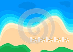 Summer beach and blue sea with wave, view above. Coastline landscape. Seashore, seascape, seaside and sand. Rest on nature. Vector