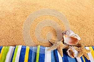 Summer beach background border starfish sand copy space