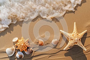 Summer beach border mockup with seashells and starfish, top view. Generative AI