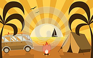 Summer Beach Campground Scene With Camper Van and Tourist Tent