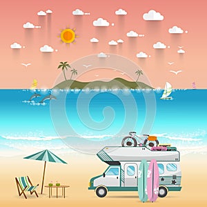 Summer beach camping island landscape with caravan camper