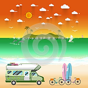 Summer beach camping island landscape with caravan camper