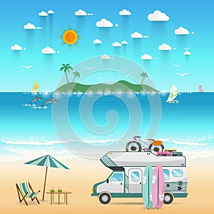 Summer beach camping island landscape with caravan camper