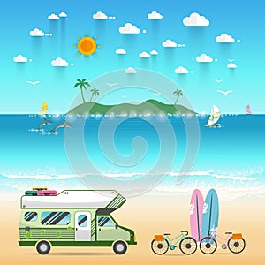 Summer beach camping island landscape with caravan camper