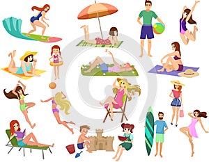 Summer beach cartoon anime vector people outdoor activities. Man, woman and kids sunbathing, playing,walking, carrying