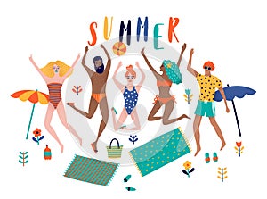 Summer beach cartoon vector illustration with young people